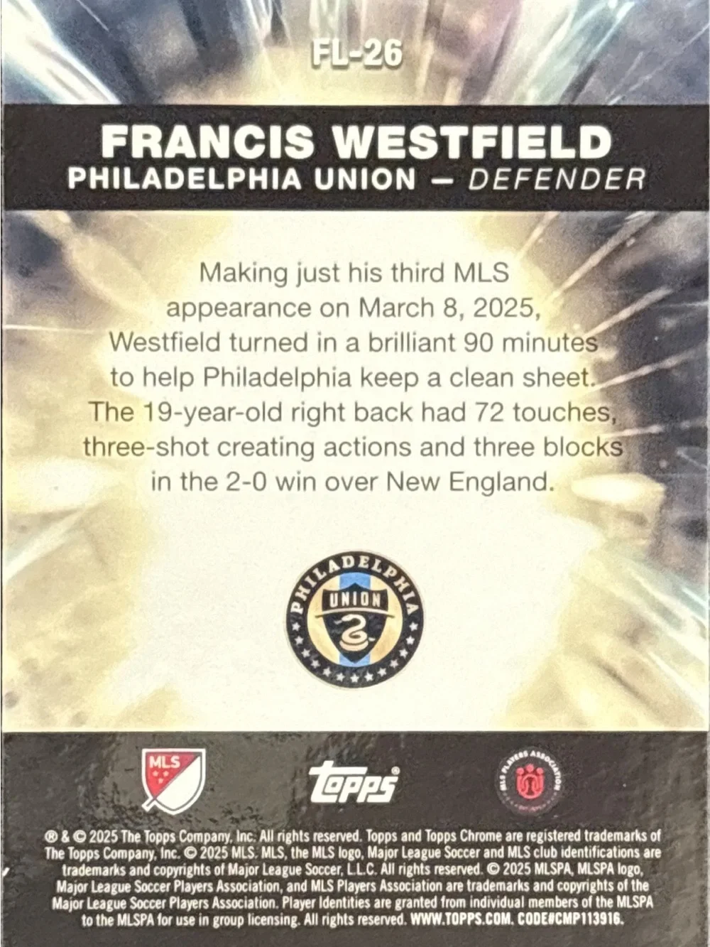 Topps Chrome Fast Line RTrading Card - Francis Westfied Rookie